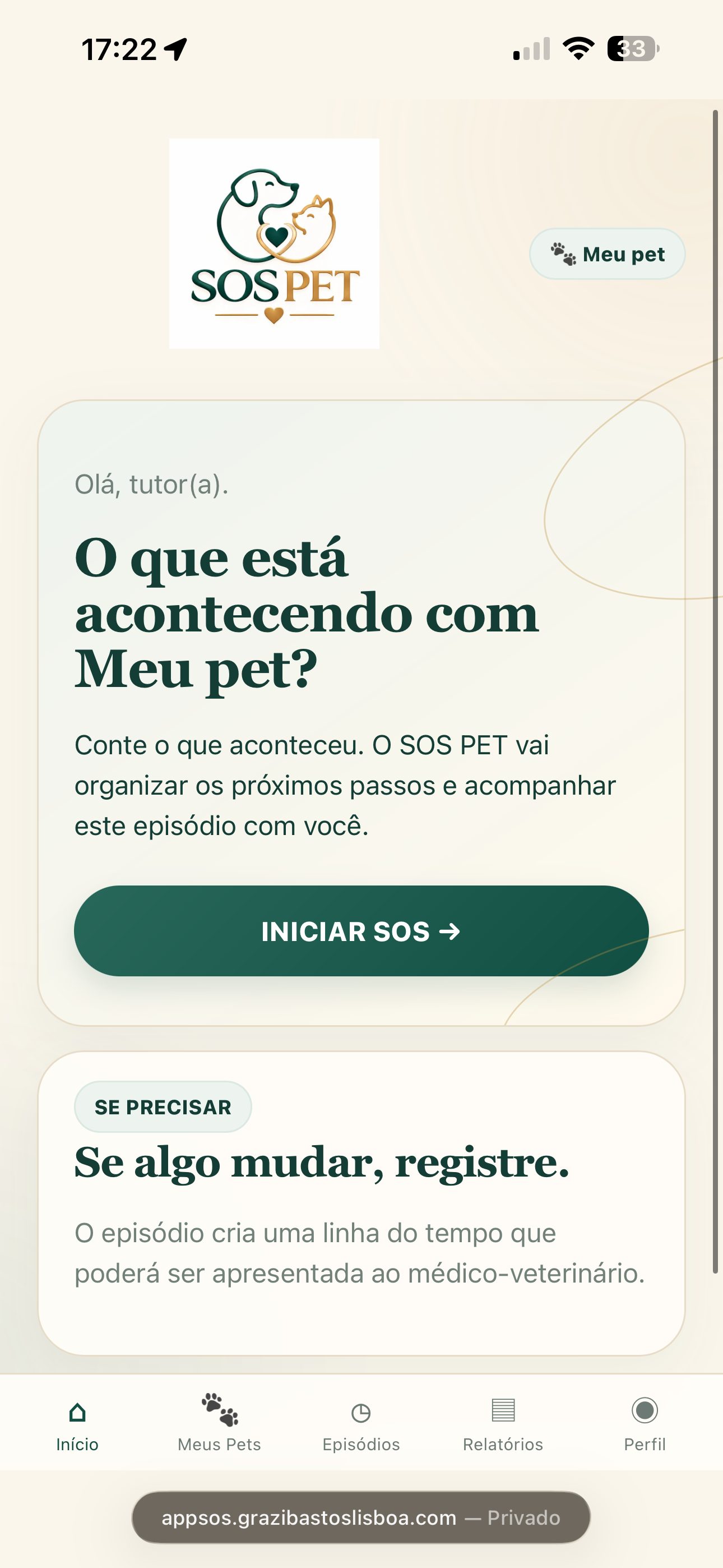 Tela inicial do SOS PET