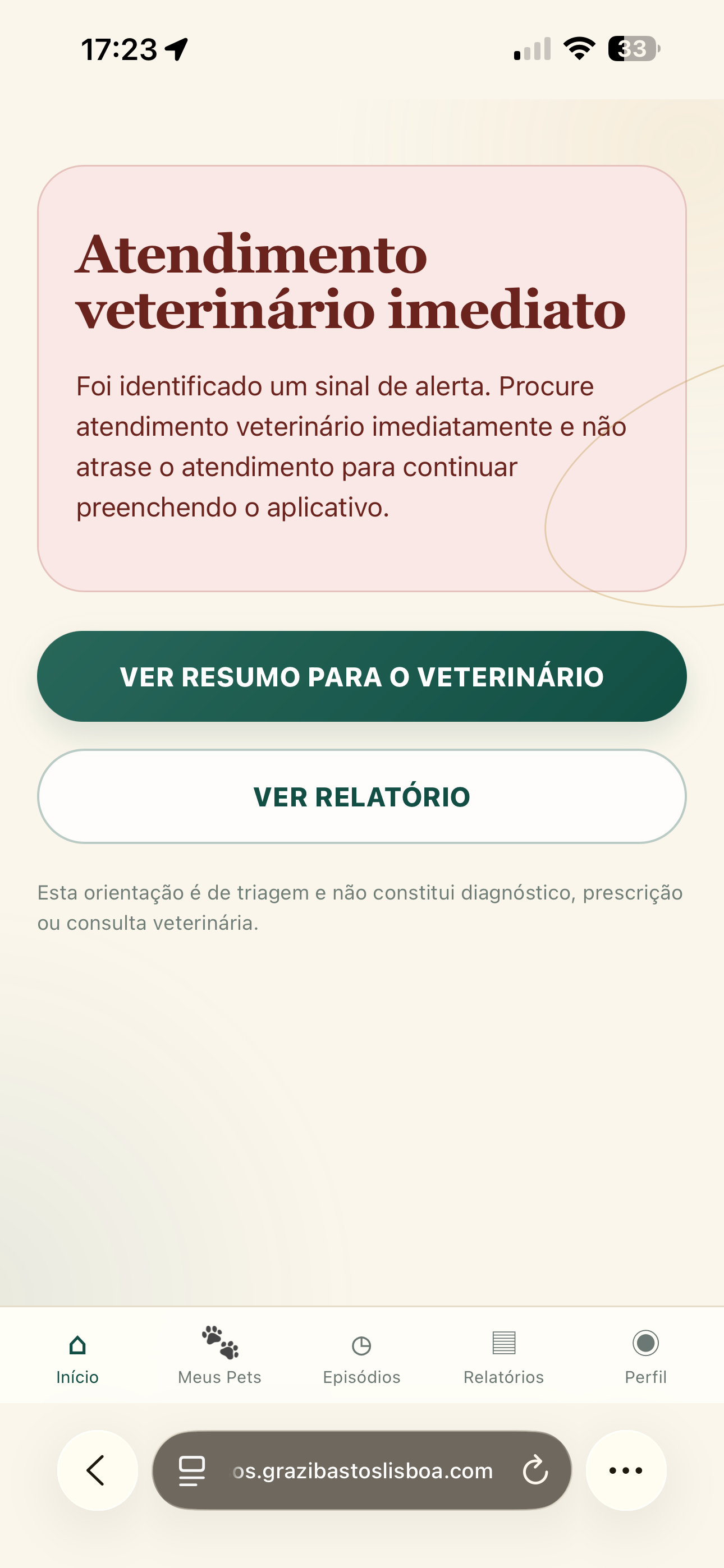 Tela de alerta do SOS PET